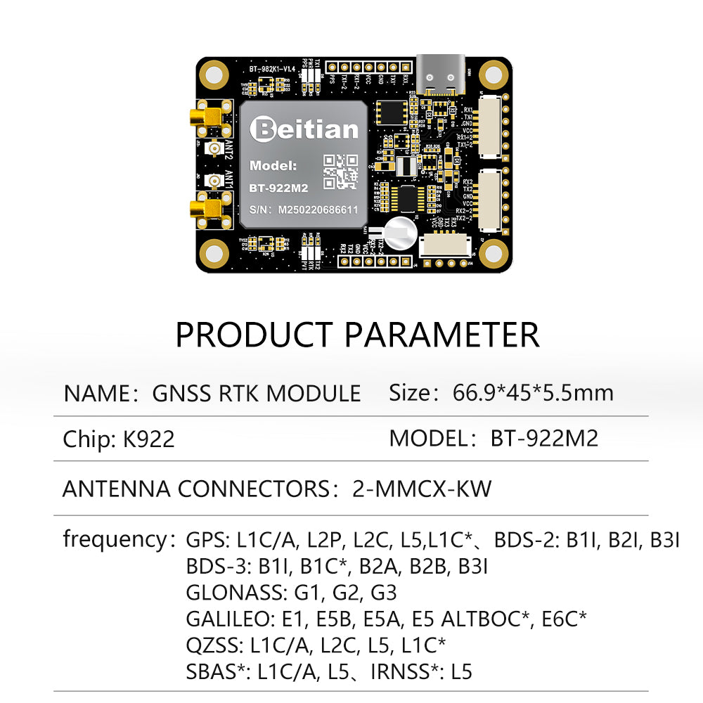 Beitian Sino K922 high-precision GNSS module RTK positioning and orientation board for drone driving test BT-922G1 Beitian Sino K922 high-precision GNSS module RTK positioning and orientation board for drone driving test BT-922G1